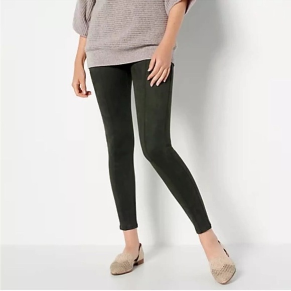 Spanx Faux Suede Leggings in Deep Green Womans Size LG Pull On Center Seam  - Picture 1 of 13
